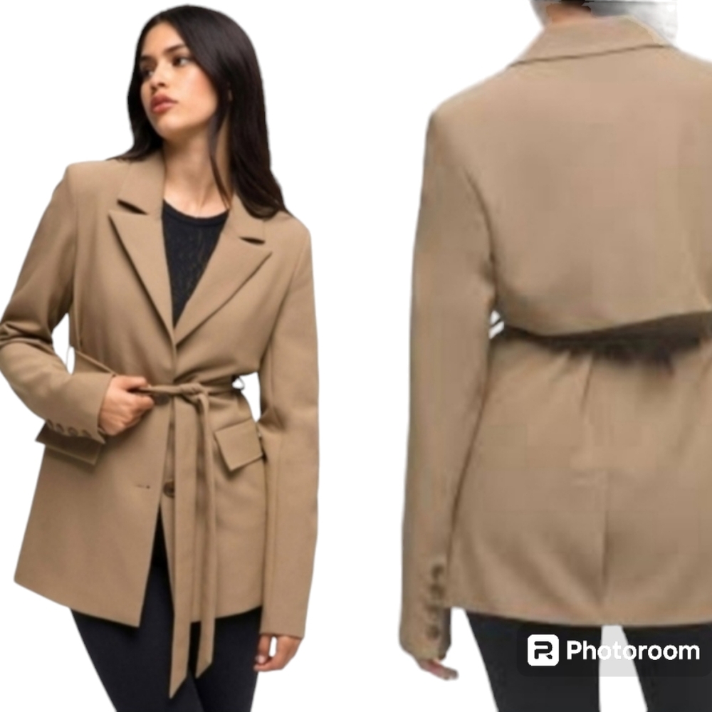 GOOD AMERICAN Size 6 or 3X Tan Tailored Belted Mid-Thigh Length Trench Coat NWT